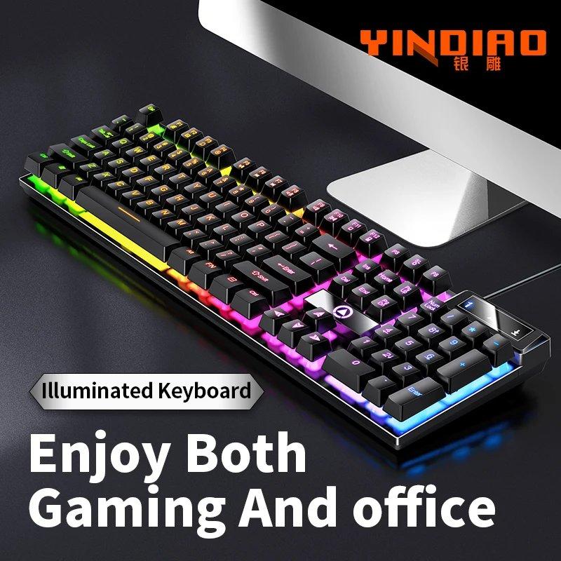 YINDIAO ゲーミングキーボード 有線 静音 薄型 テンキー付き PC/ノート