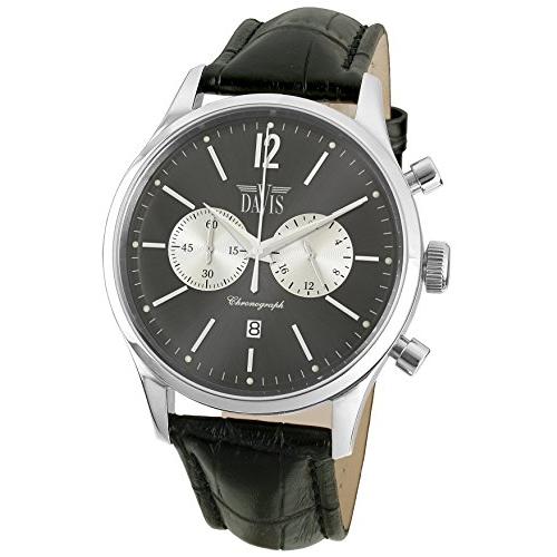 Davis-Mens Sports Watch Chronograph Retro Vintage- and Date- Grey Face-Black Leather Strap 並行輸入品