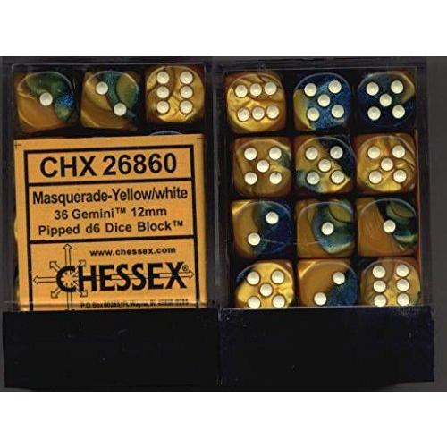 【お買い得！】 Chessex Dice 並行輸入品 Dice of Block (36) Die Sided Six 12mm - White with Yellow / Masquerade Gemini Sets: d6 ボードゲーム