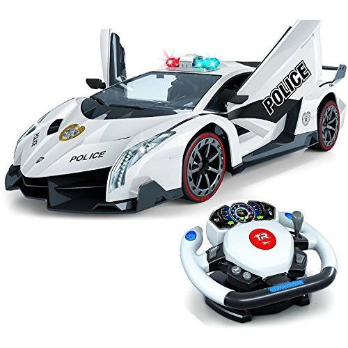 Top Race Remote Control RC Police Car TR-911， 4D Motion Gravity and Steering Wheel Control， 1: 12 Scale， 2.4GHz， with Lights， Sirens， Powere