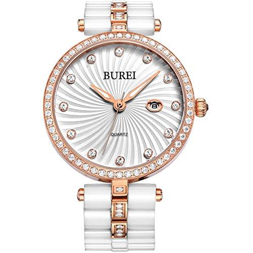 2021最新のスタイル Crystal and Calendar Date with Watches Ladies Ceramic BUREI Diamond 並行輸入品 (White) Women for Gifts Casual Fashion Stylish Case Watch 腕時計