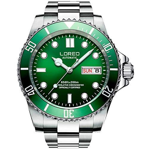 LOREO Mens Silver Stainless Steel Sapphire Glass Luminous Green Dial Rotating Bezel Men's Automatic Mechanical Date Week Diving Watches 並行輸入
