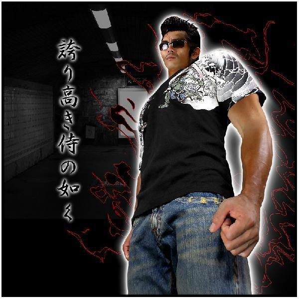 和柄絡繰魂龍神刺繍ジーンズ223211 カラクリ服チョイワルちょい悪やくざヤクザヤンキーチンピラオラオラ系悪羅悪羅系  悪党の店 バースジャパン BIRTHJAPAN ポイント10倍 和柄絡繰魂 風神雷神刺青刺繍 黒 半袖Tシャツ232307