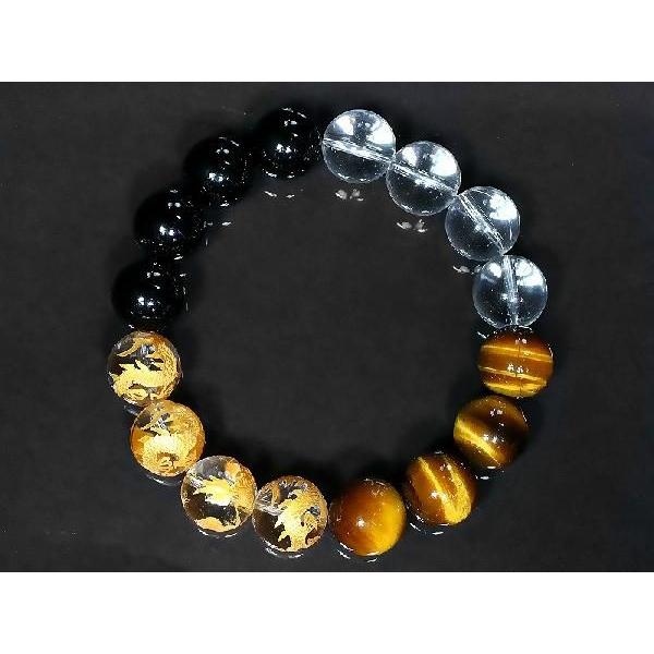 ポイント10倍 太め14mm 金龍水晶&オニキス&虎目石 タイガーアイ数珠