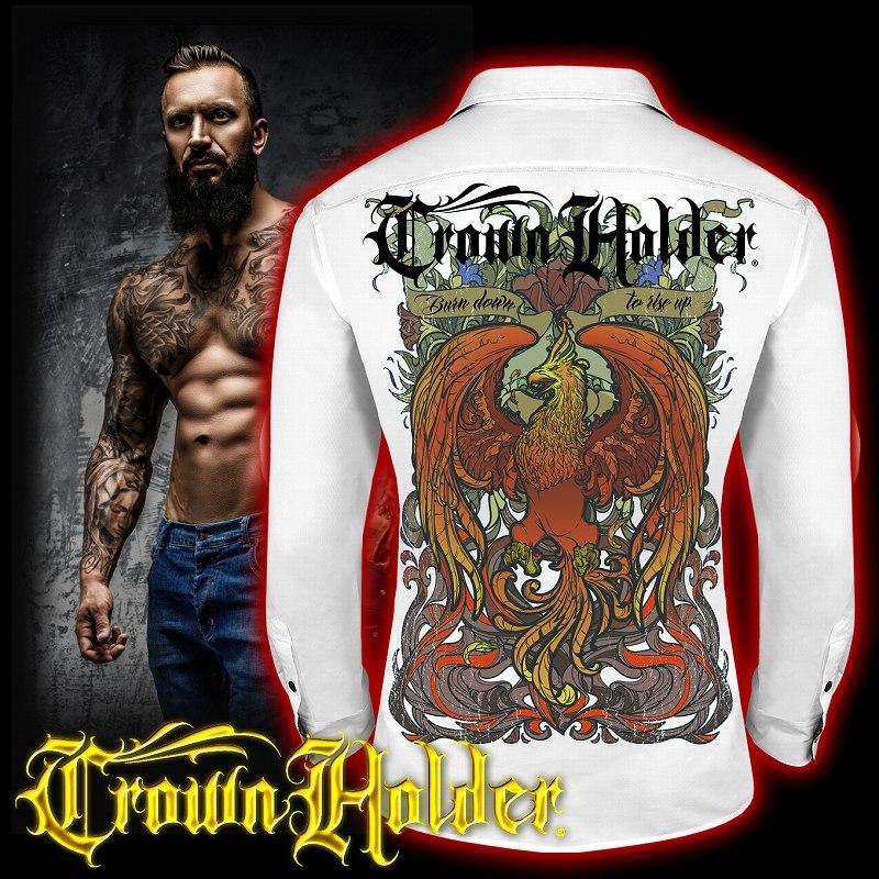 刺繍入り長袖シャツ CH-008 白 フェニックス 赤 服 CROWN HOLDER