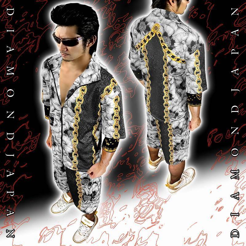 半袖 セットアップ ジャージ 白牡丹 チェーン 切替黒豹柄 和柄