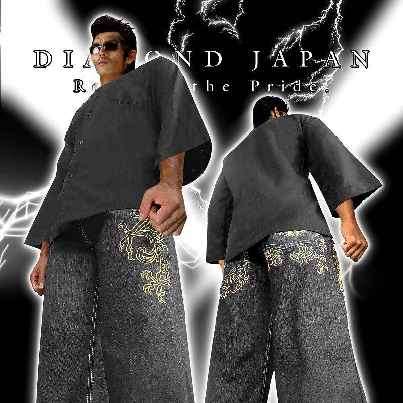 ダボシャツ (鯉口シャツ) 無地 菊紋刺繍 黒 ブラック 綿麻 ヤクザ