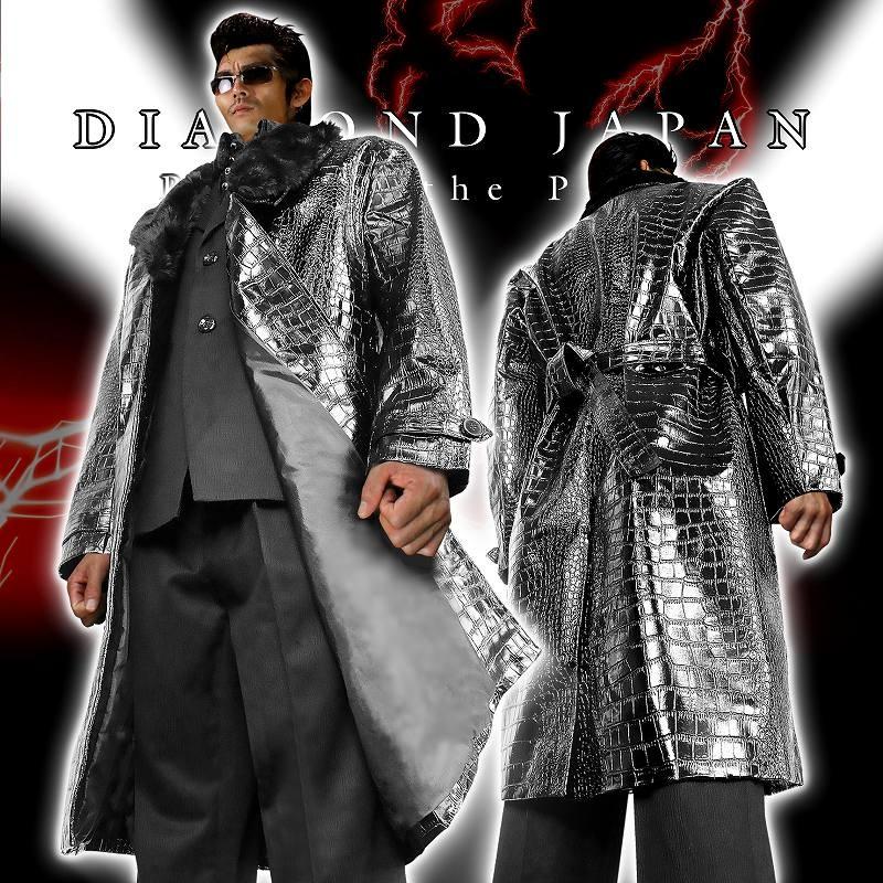 ポイント10倍 金蛇柄PUロングコート ファー付き ゴールド 服 オラオラ