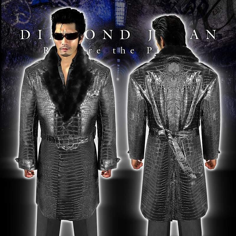 ポイント10倍 金蛇柄PUロングコート ファー付き ゴールド 服 オラオラ