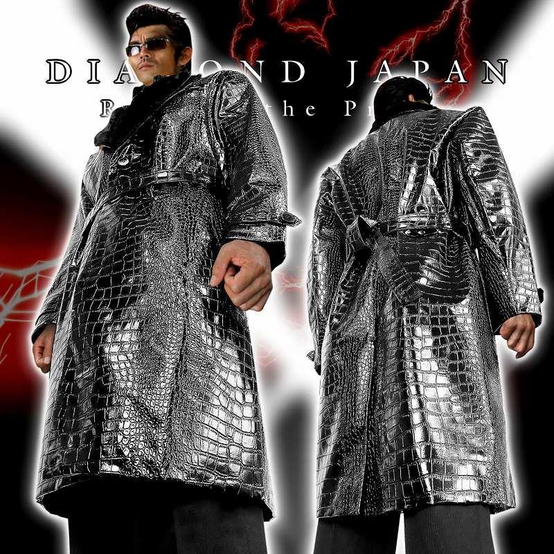 ポイント10倍 金蛇柄PUロングコート ファー付き ゴールド 服 オラオラ