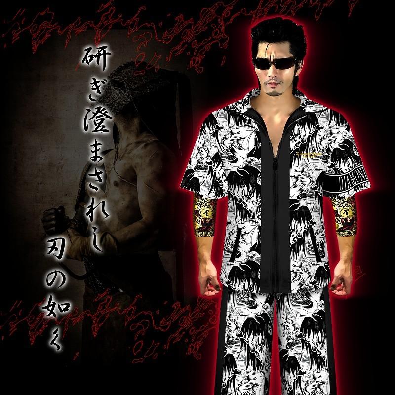 刺繍入り 般若総柄 半袖 セットアップ ジャージ 白×黒 ヤクザ ヤンキー