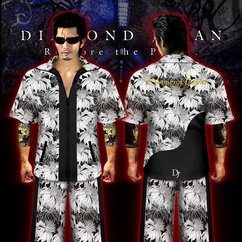 刺繍入り 花総柄 半袖 セットアップ ジャージ 白×黒 ヤクザ ヤンキー