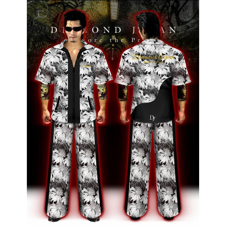 刺繍入り 花総柄 半袖 セットアップ ジャージ 白×黒 ヤクザ ヤンキー