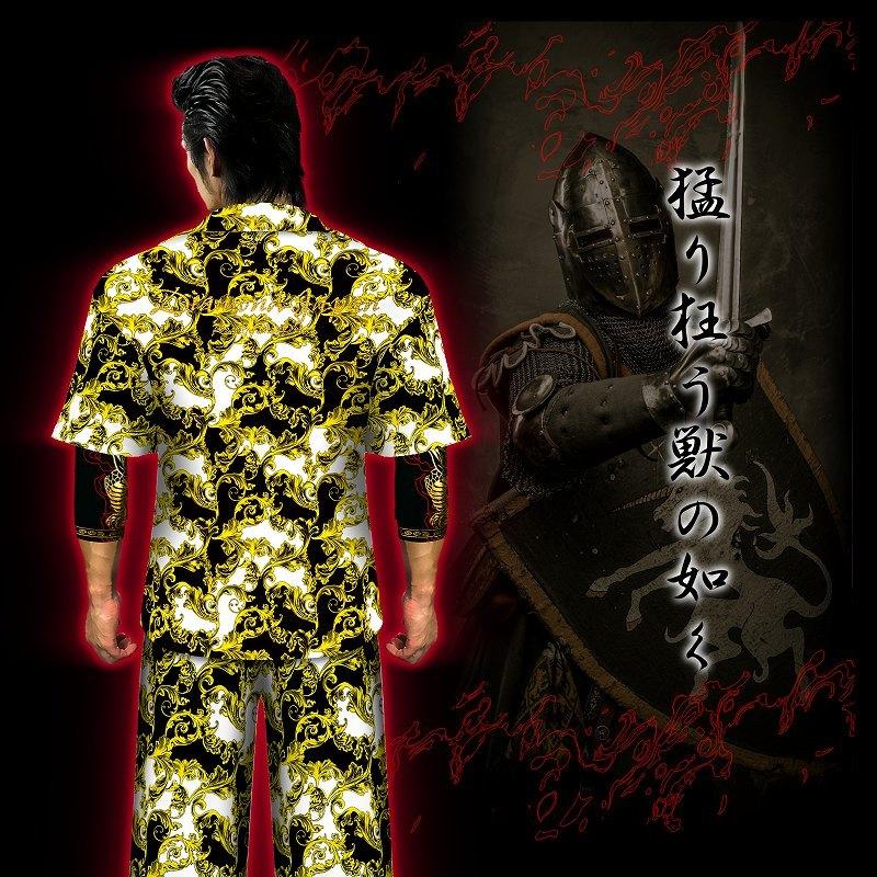 刺繍入り バロック総柄 花柄 半袖 セットアップ ジャージ 白×黒×黄