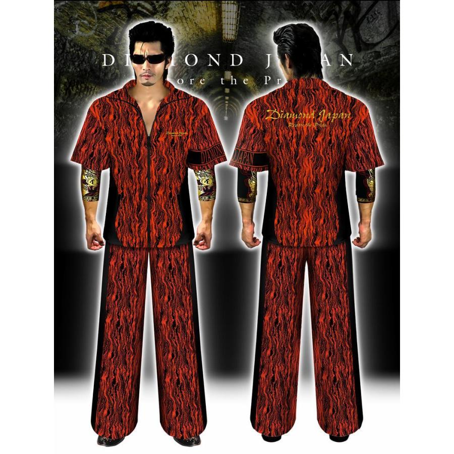 刺繍入り まだら模様 半袖 セットアップ ジャージ 総柄 赤×黒 ヤクザ