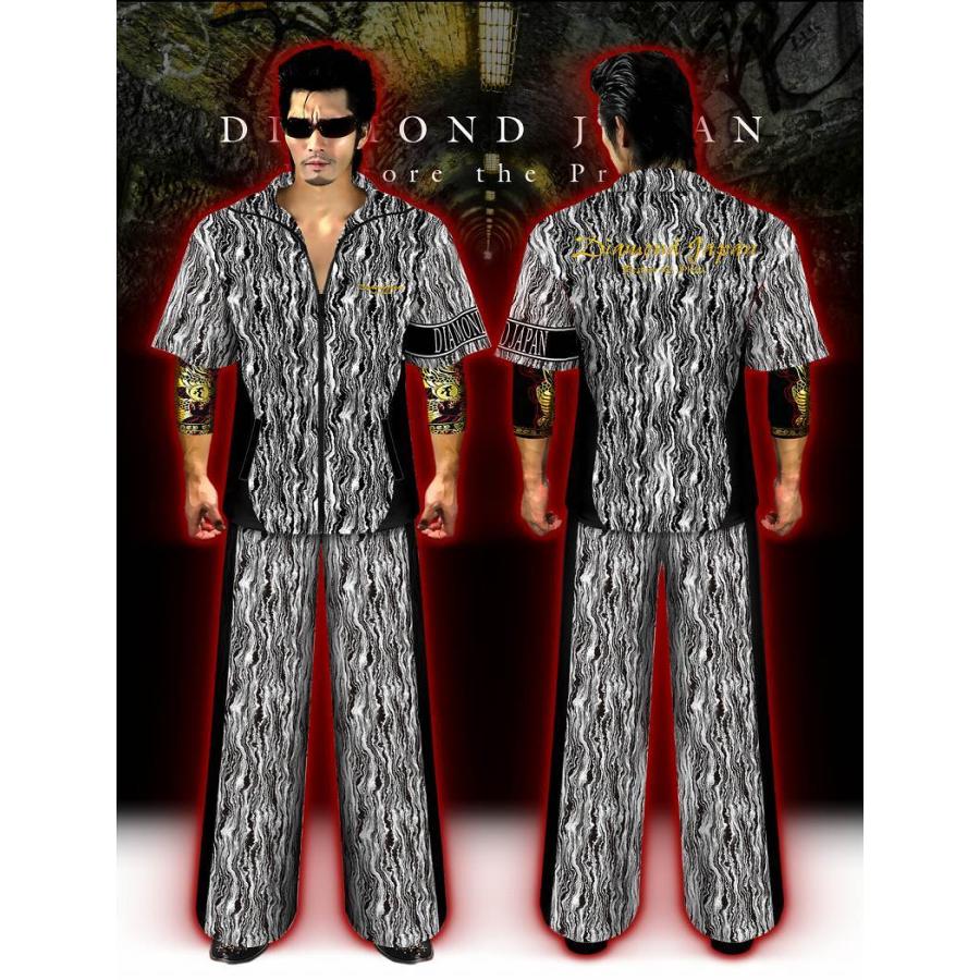 刺繍入り まだら模様 半袖 セットアップ ジャージ 総柄 白×黒 ヤクザ