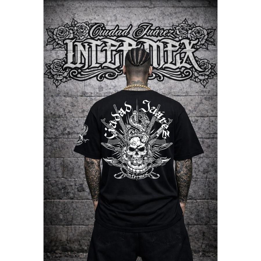 半袖 Tシャツ 服 INTERMEX コブラスカル柄 蛇 パイソン 銃 itm-074 黒
