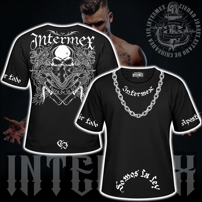 半袖 Tシャツ 服 INTERMEX ドラゴン スカル柄 火炎瓶itm-075 黒 白