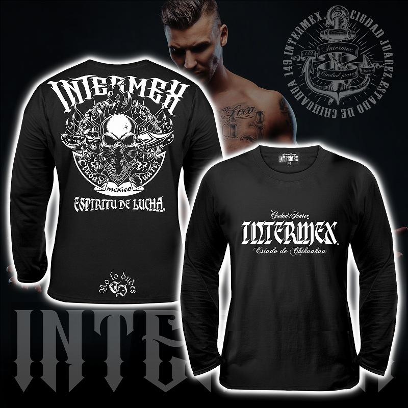 長袖 Tシャツ 服 INTERMEX itm-077 炎 スカル柄 ロンT 黒 白 ドクロ