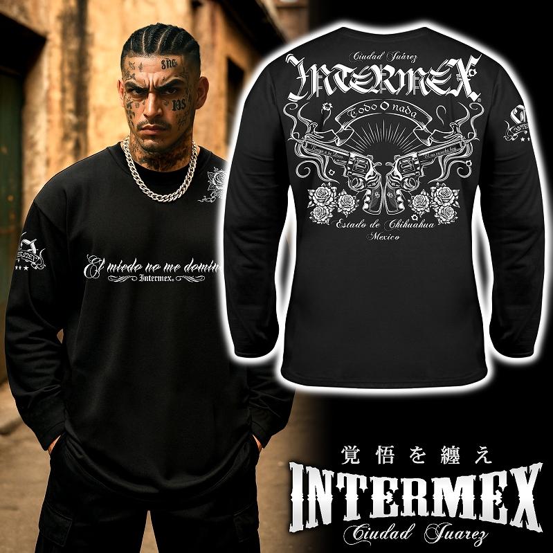 11月上旬入荷) 長袖 Tシャツ 服 INTERMEX 銃と薔薇柄 ロンT itm-102 黒