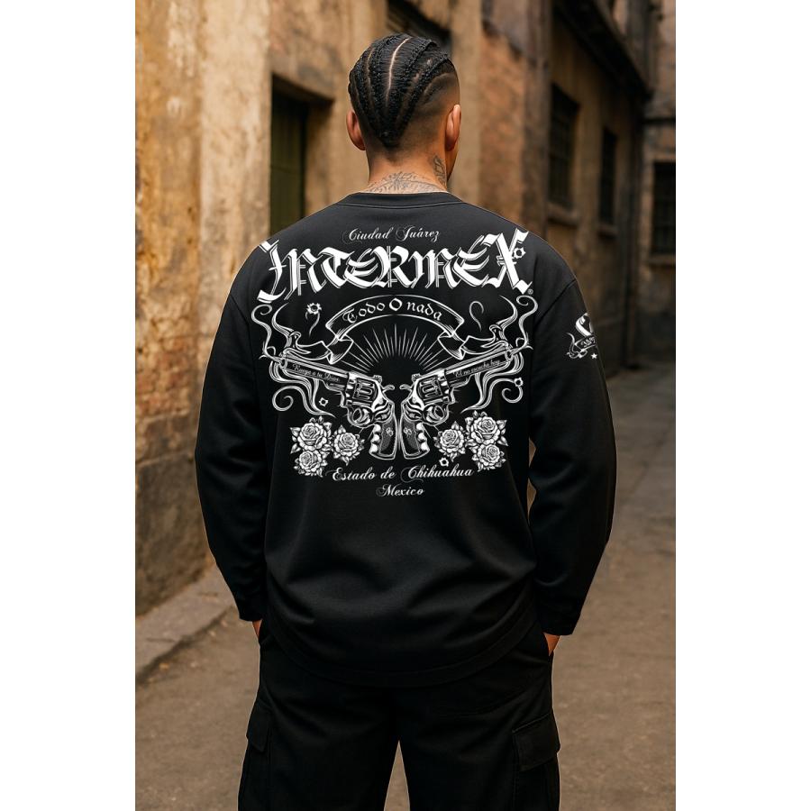 11月上旬入荷) 長袖 Tシャツ 服 INTERMEX 銃と薔薇柄 ロンT itm-102 黒