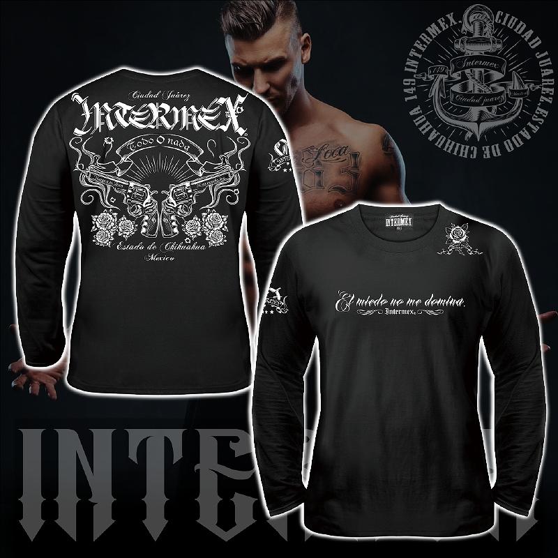 11月上旬入荷) 長袖 Tシャツ 服 INTERMEX 銃と薔薇柄 ロンT itm-102 黒