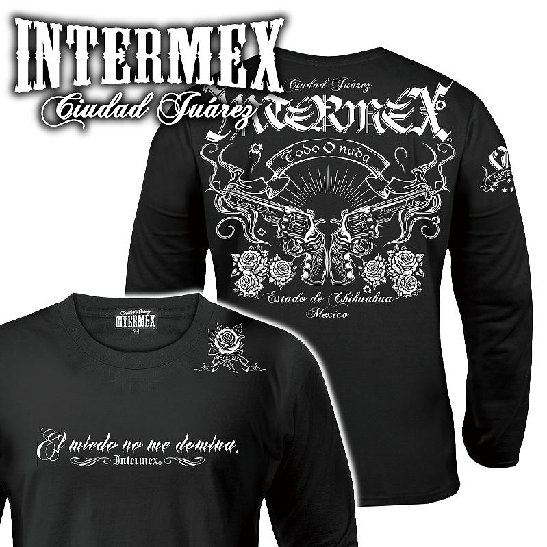 11月上旬入荷) 長袖 Tシャツ 服 INTERMEX 銃と薔薇柄 ロンT itm-102 黒