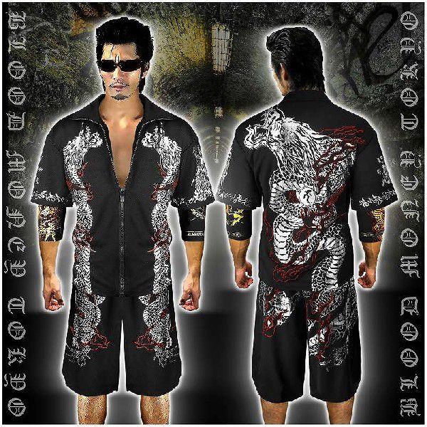 XLサイズ ジャージ セットアップ 黒 柄物 派手 犬 刺繍 ワイドパンツ M,L,XL,5Lサイズ：5月中旬頃入荷予定□ 昇り龍柄 半袖セットアップ