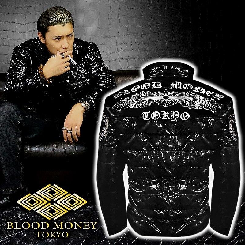 クロス柄 エナメル調 中綿ジャケット 黒 服 BLOOD MONEY TOKYO オラオラ系 ヤクザ メンズファッション ダウンジャケット並み