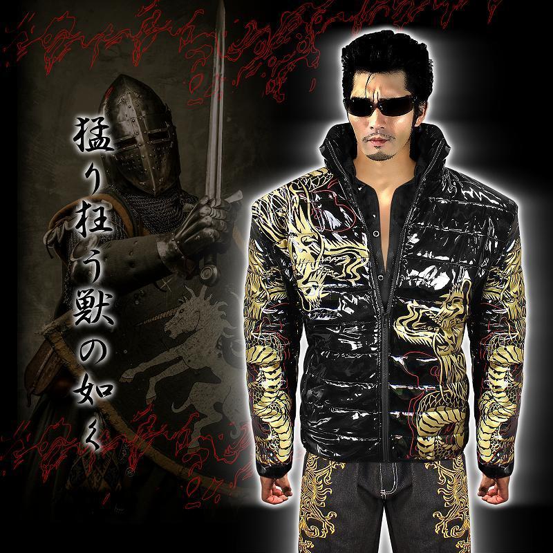 昇り龍柄 エナメル調 中綿ジャケット 黒 和柄 服 BLOOD MONEY 昇り龍柄 エナメル調 中綿ジャケット 黒 和柄 服 BLOOD MONEY