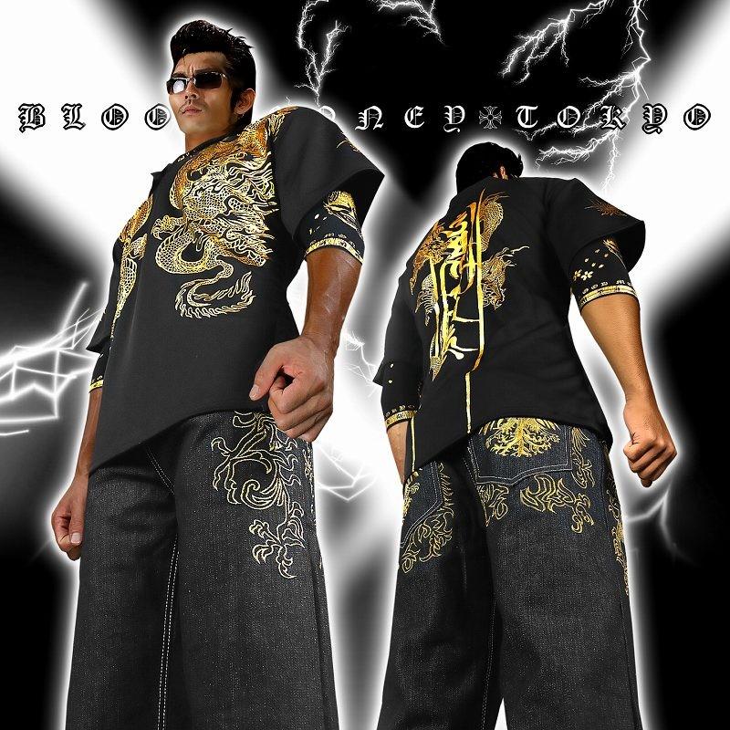 返品交換不可 ポイント10倍 黒 ヤクザ Amp ブランドblood Money Tokyo半袖ポロシャツ 龍 派手和柄夏物悪羅悪羅系 オラオラ系 ヤンキー 派手 チンピラ 服 Commerces Boutique