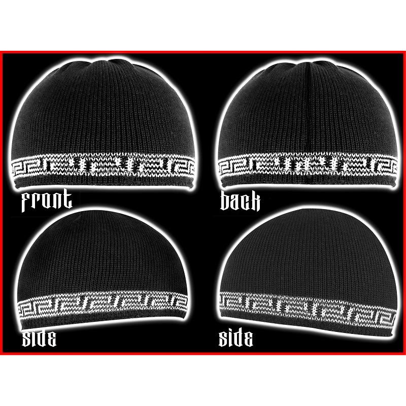 イスラムワッチキャップ グレカ模様 ラインmbt-20012黒 白 ニット帽