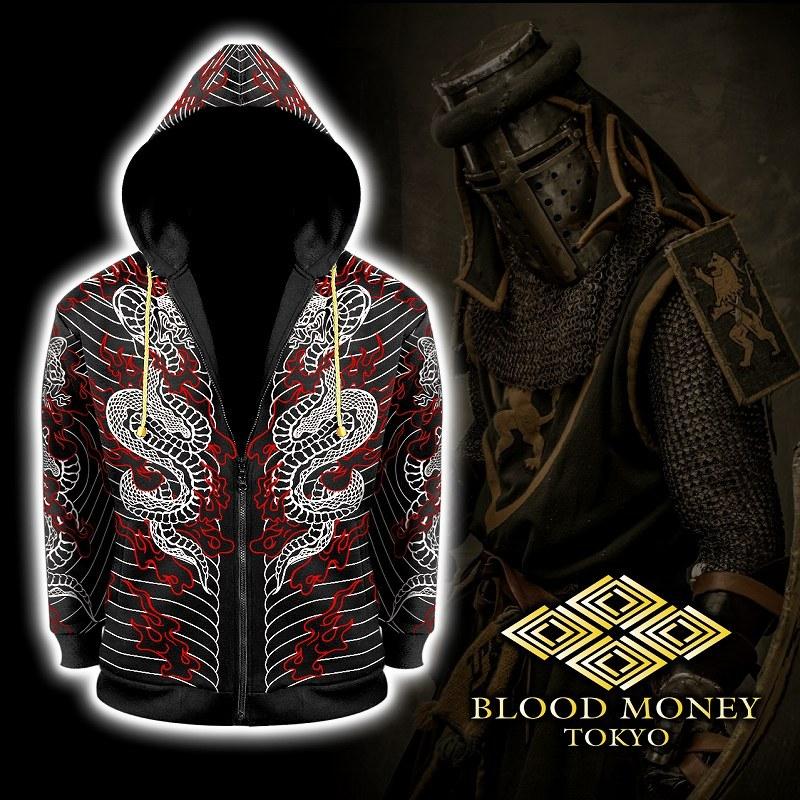パーカー メンズファッション BLOOD MONEY TOKYO MBT-21011 和柄 刺青 蛇般若 黒×白 赤 オラオラ系 ヤンキー ジャケット 上着 服 ヤクザ ブランド 胸刺繍 フード付き 長袖 ライダース バイク ギャング チカーノ B系 HIPHOP系 バイカー 悪党の店 バースジャパン BIRTHJAPAN パーカー メンズファッション BLOOD MONEY TOKYO MBT-21011 和柄 刺青