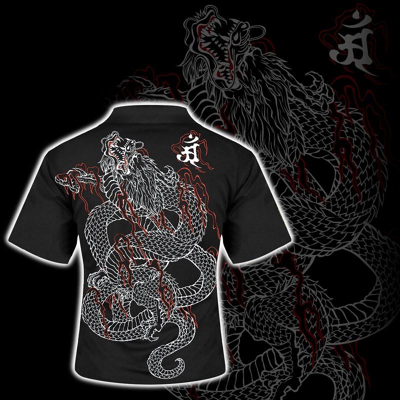 半袖 ポロシャツ 服 BLOOD MONEY TOKYO 龍 炎 梵字 和柄 mbt-23004 黒 
