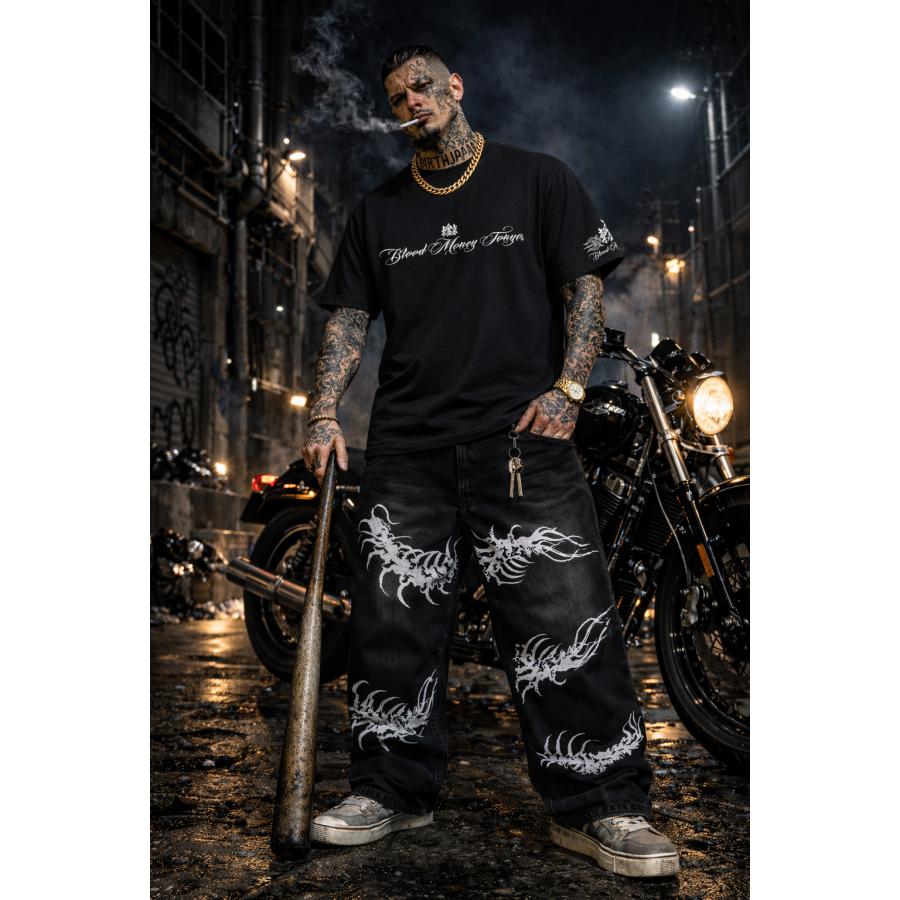URBAN TRIBE 平成お兄系七部Tスタッズカスタム 黒 ゴスパンクy2k 半袖 Tシャツ 大日如来 服 和柄 mbt-26002 黒 白 メンズ ファッション