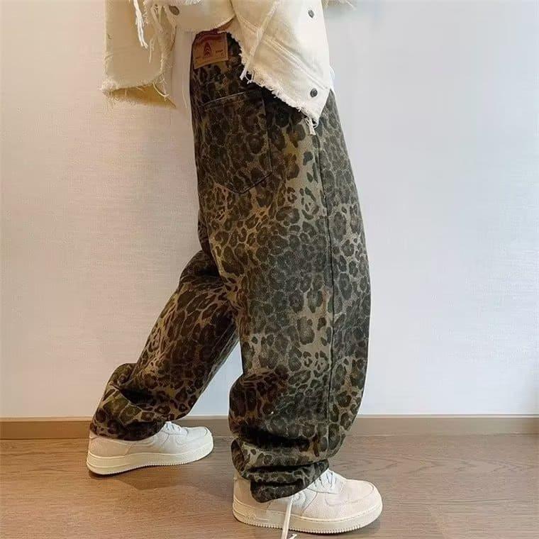 ド派手 ヒョウ柄プリント ジーンズ 012 茶 デニム ワイドパンツ 太