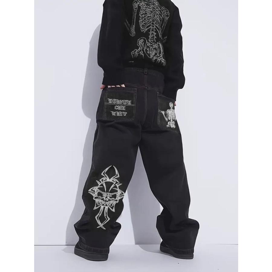 カジュアルパンツ 黒 刺繍デザイン 刺繍入り ジーンズ 016 ホワイト刺繍 黒 ワイドパンツ B系 HIPHOP系