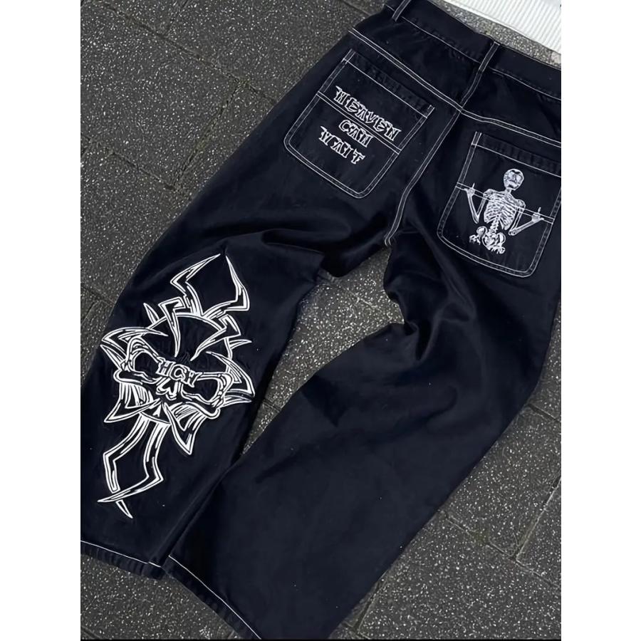 刺繍入り黒ワイドパンツ 刺繍入り ジーンズ 016 ホワイト刺繍 黒 ワイドパンツ B系 HIPHOP系