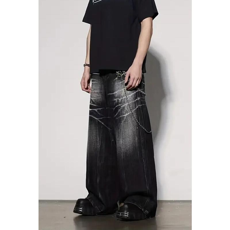 超ワイドパンツ ジーンズ 017 ダメージ加工風 黒 B系 HIPHOP系