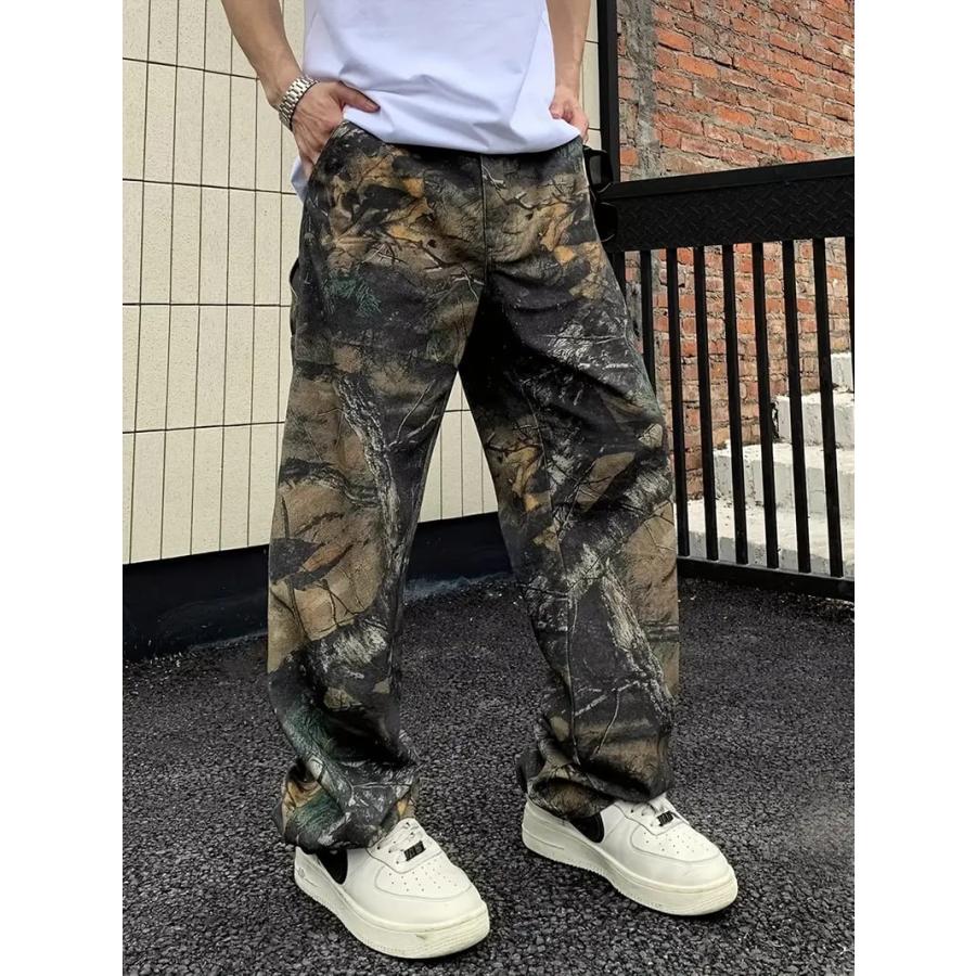 迷彩マーブルプリント ジーンズ 018 ダメージ加工風 B系 HIPHOP系