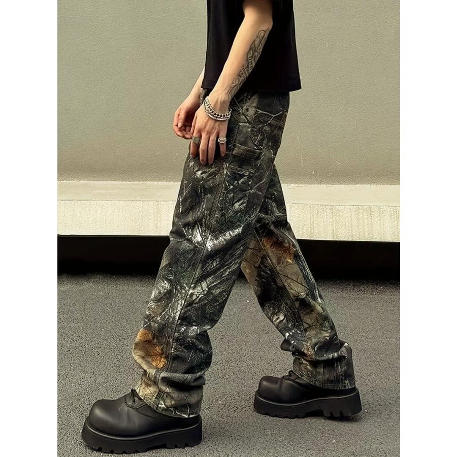 迷彩マーブルプリント ジーンズ 018 ダメージ加工風 B系 HIPHOP系