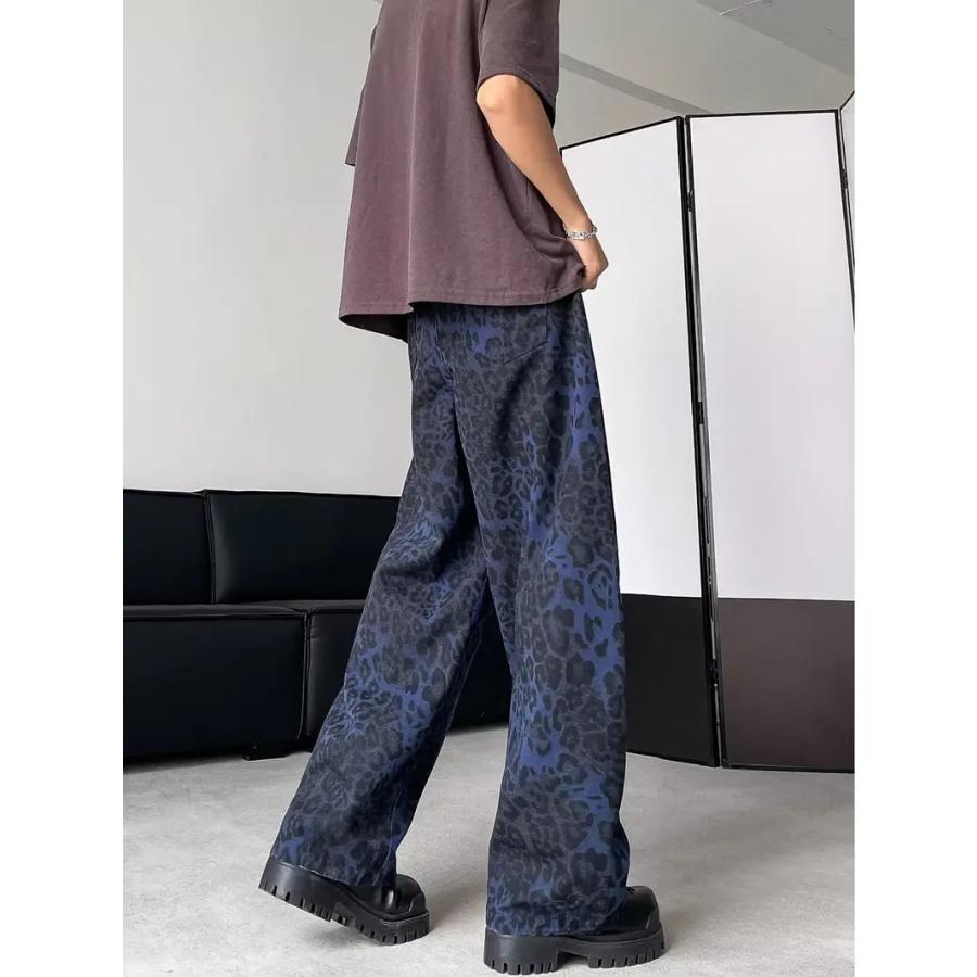 ド派手 ヒョウ柄プリント ジーンズ 012 青 ネイビー デニム ワイド