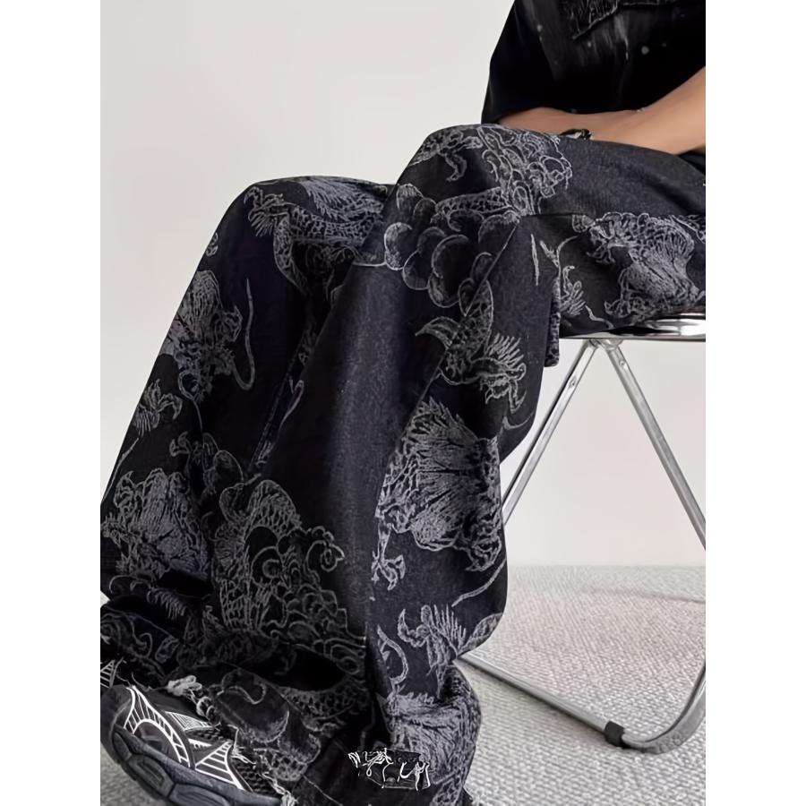 ド派手 和柄 龍柄 ジーンズ 024 黒 デニム ワイドパンツ 太ズボン