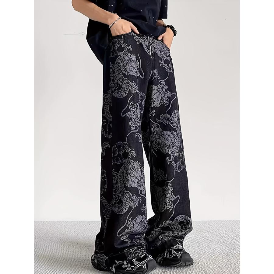 ド派手 和柄 龍柄 ジーンズ 024 黒 デニム ワイドパンツ 太ズボン