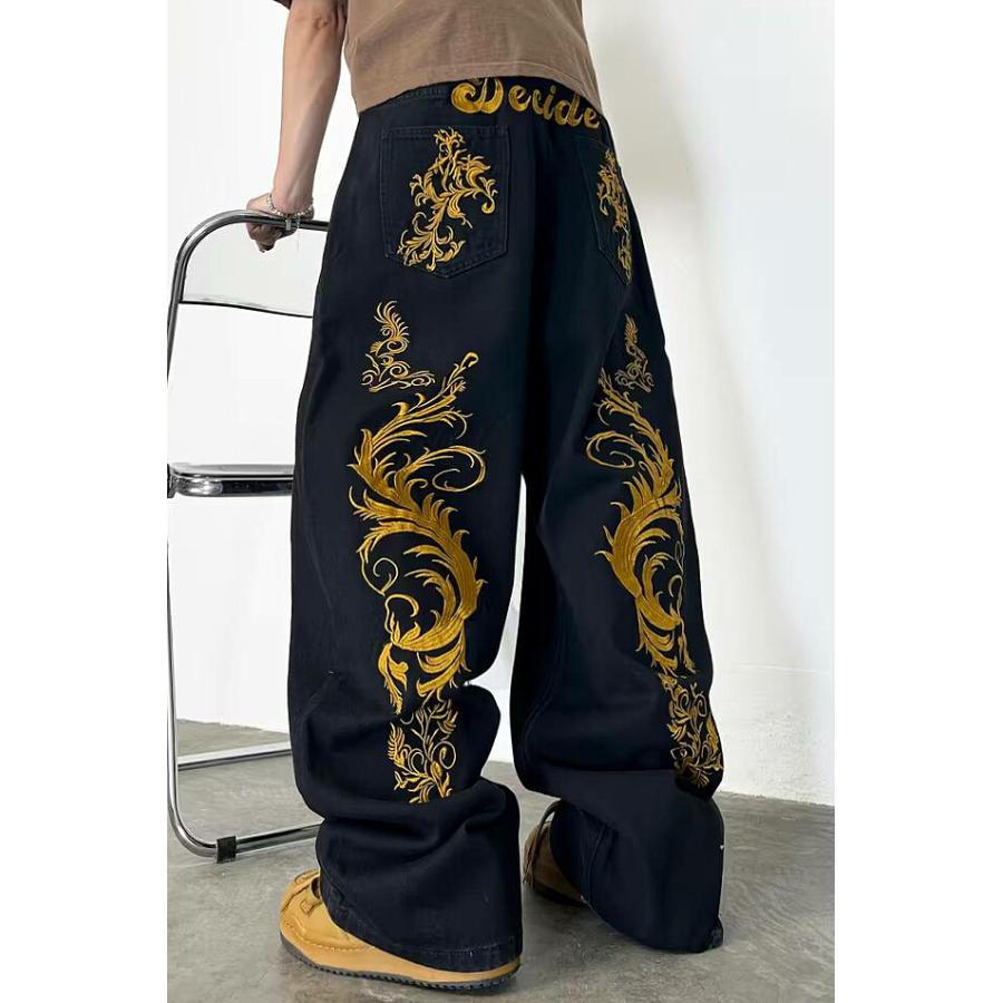 バロック柄 刺繍 ワイドジーンズ 035 ブラック デニム ワイドパンツ 太