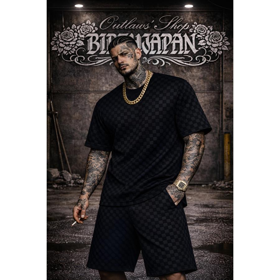 格子柄 半袖セットアップ 004 黒 半ズボン 上下セット ヤクザ ヤンキー
