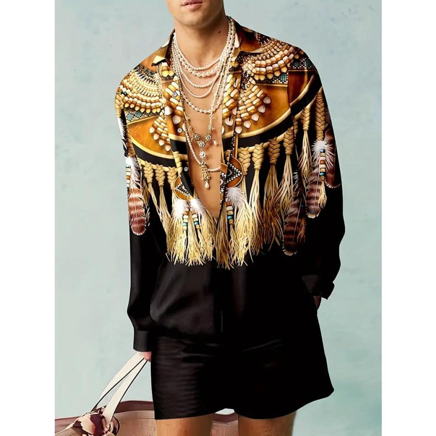 インディアンモチーフプリント 長袖 シャツセットアップ ジャージ 007