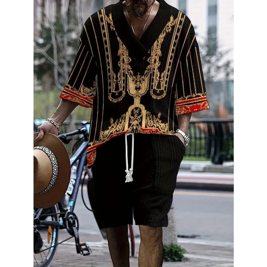 ニット編み風 バロック柄 プリント 半袖セットアップ ジャージ 011  