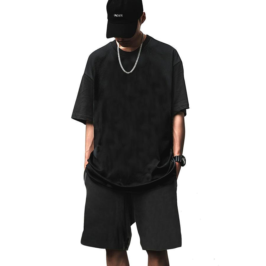 黒無地 シンプル 半袖セットアップ ジャージ 036 Tシャツ+ハーフパンツ