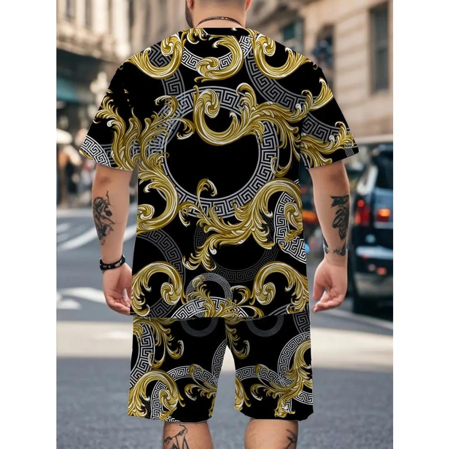 バロック柄 半袖Tシャツセットアップ ハーフパンツ 上下 黒×黄 040 柄